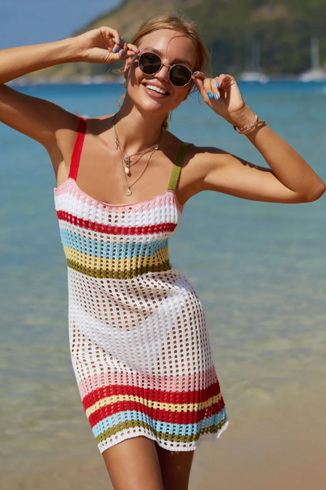 Rainbow Stripe Openwork Sleeveless Cover-Up Dress | Dress In Beauty