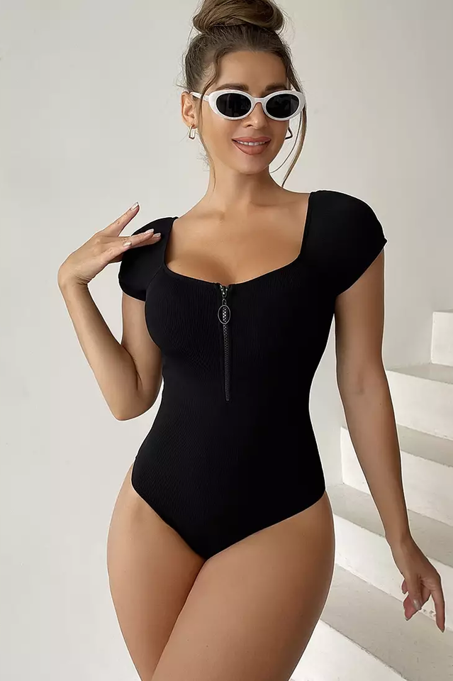 Solid Front Zipper Round Neck Bathing Suit | Dress In Beauty