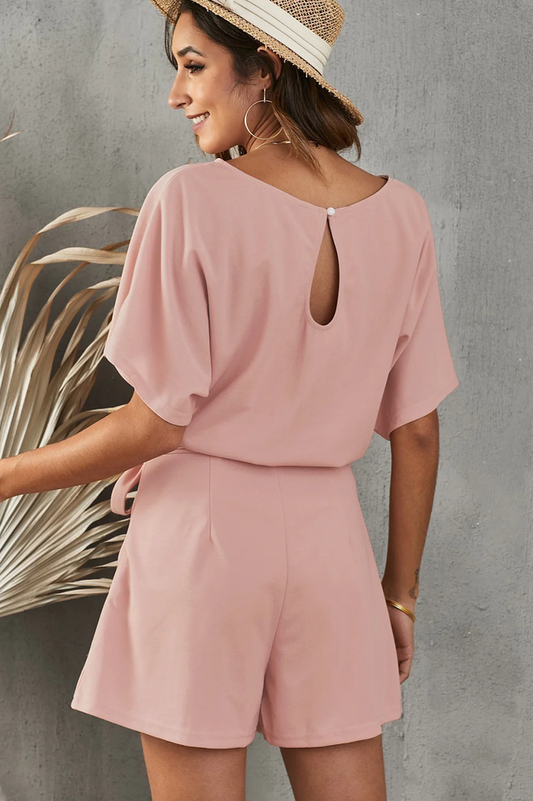 Elaine Tie Belt Short Sleeve Romper | Dress In Beauty