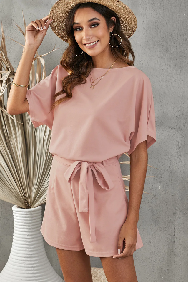 Elaine Tie Belt Short Sleeve Romper | Dress In Beauty