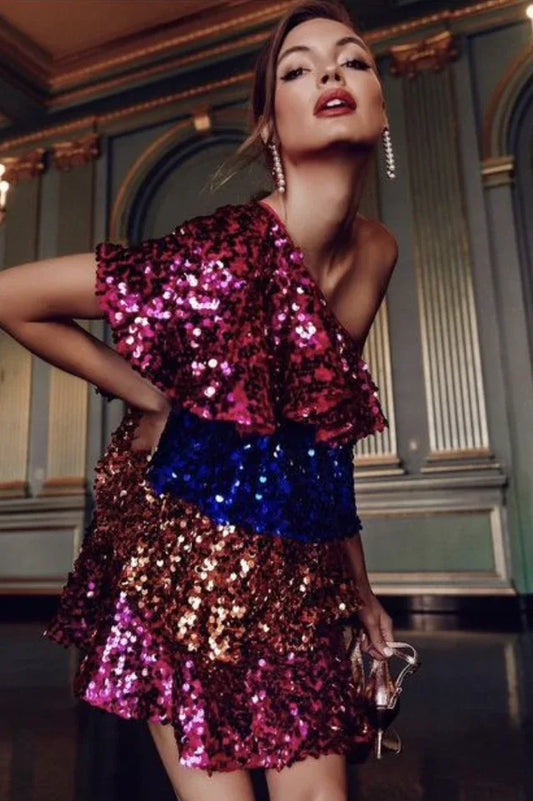 Sparkly Sequined One Shoulder Mini Dress - TEVQA