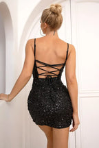 Sequin mini dress with lace up back detail - View 15 | TEVQA