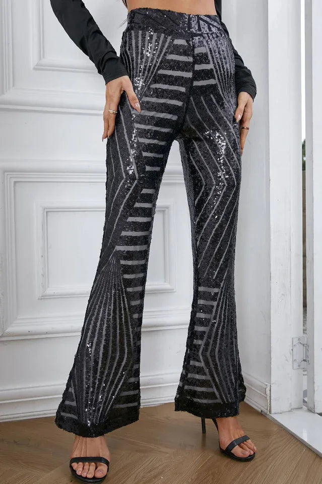 Close-up of black sequined flared pants with geometric pattern Secondary image