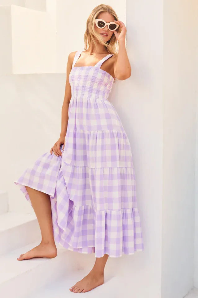 Yellow Gingham Midi Dress with Smocked Bodice - View 6 | TEVQA