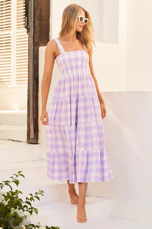 Yellow Gingham Midi Dress with Smocked Bodice - View 7 | TEVQA