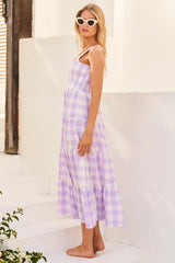 Yellow Gingham Midi Dress with Smocked Bodice - View 8 | TEVQA