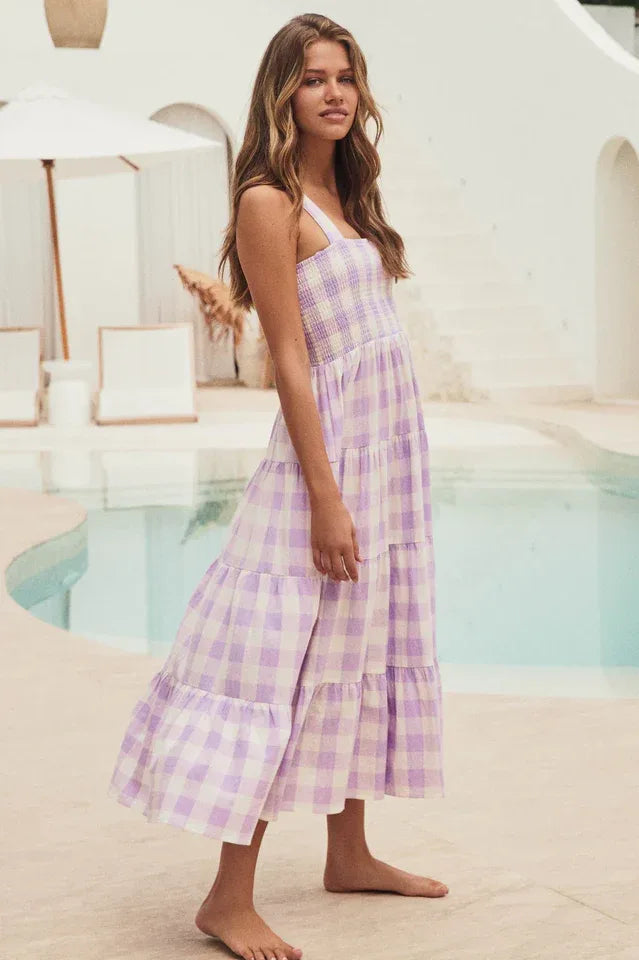 Yellow Gingham Midi Dress with Smocked Bodice - View 10 | TEVQA