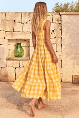 Yellow Gingham Midi Dress with Smocked Bodice - View 14 | TEVQA