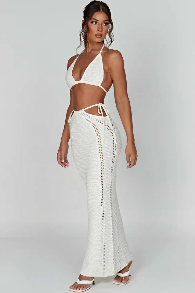 Crochet Knit Halter Neck Top & Maxi Skirt Set Secondary image