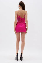 Fuchsia mini dress with ruffle and crystal details - View 6 | TEVQA