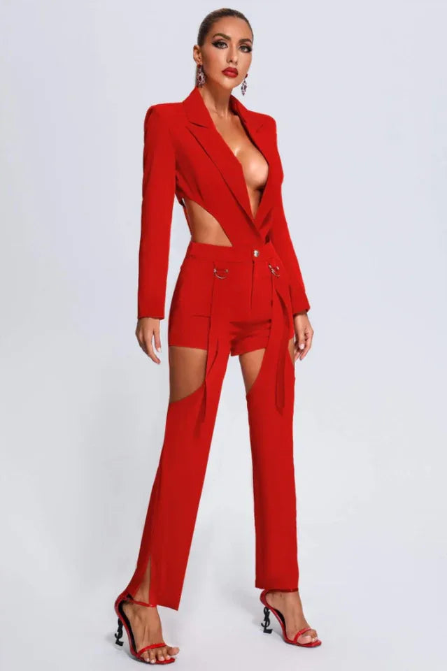 Front view of a red blazer and shorts set with cut-out details