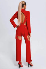 Back view of a red blazer and shorts set with open back design