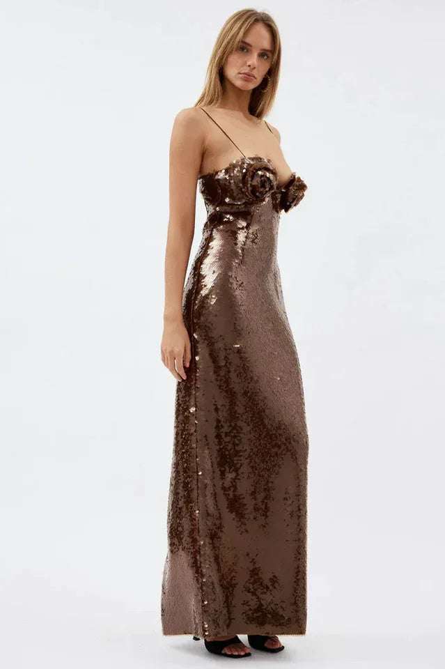 Lorelei Brown Sequin Maxi Dress with Floral Detail - View 6 | TEVQA