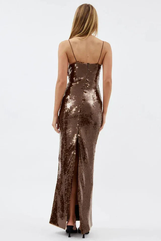 Lorelei Brown Sequin Maxi Dress with Floral Detail - View 7 | TEVQA