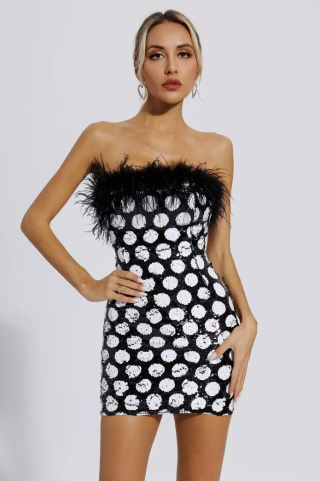 Feather Trim Polka Dot Sequin Dress | Dress In Beauty