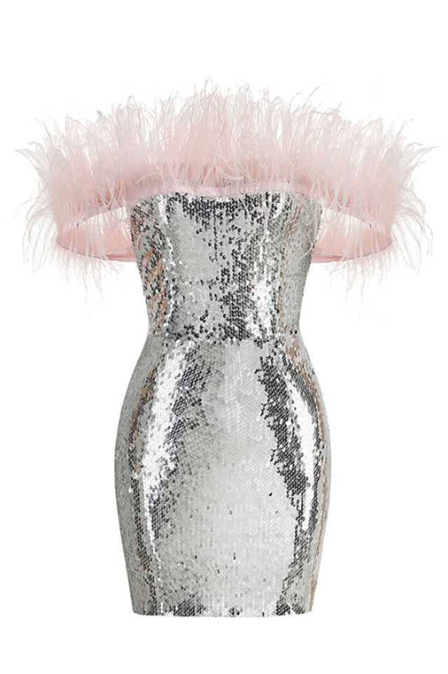 Eleni Off Shoulder Feather Sequin Dress | Dress In Beauty