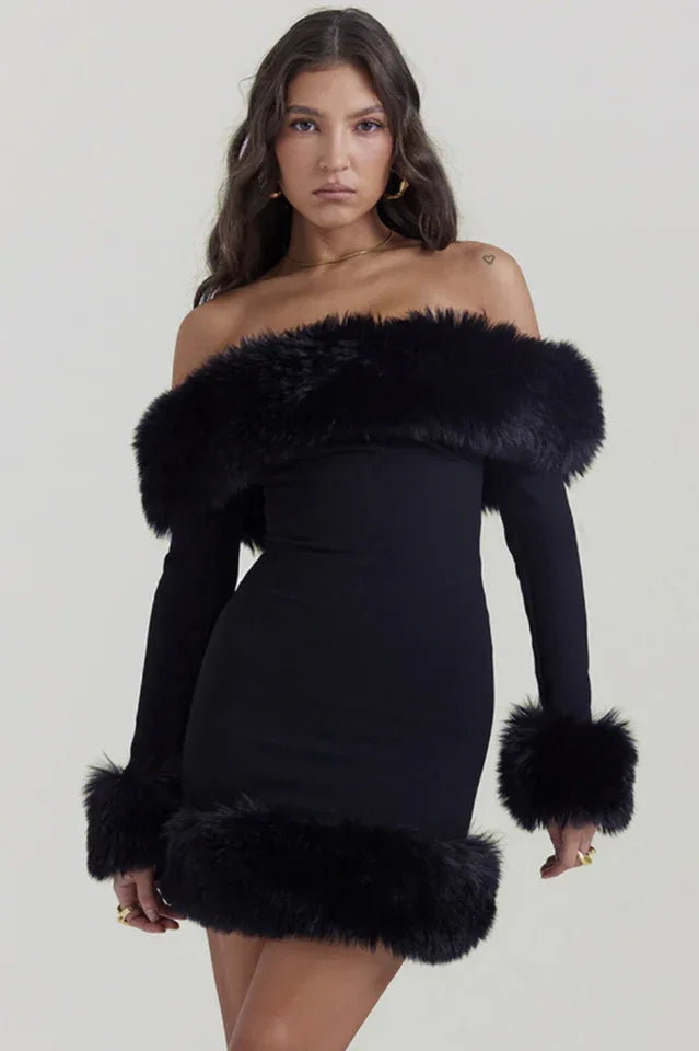 Black Bateau Neck Mini Dress - TEVQA