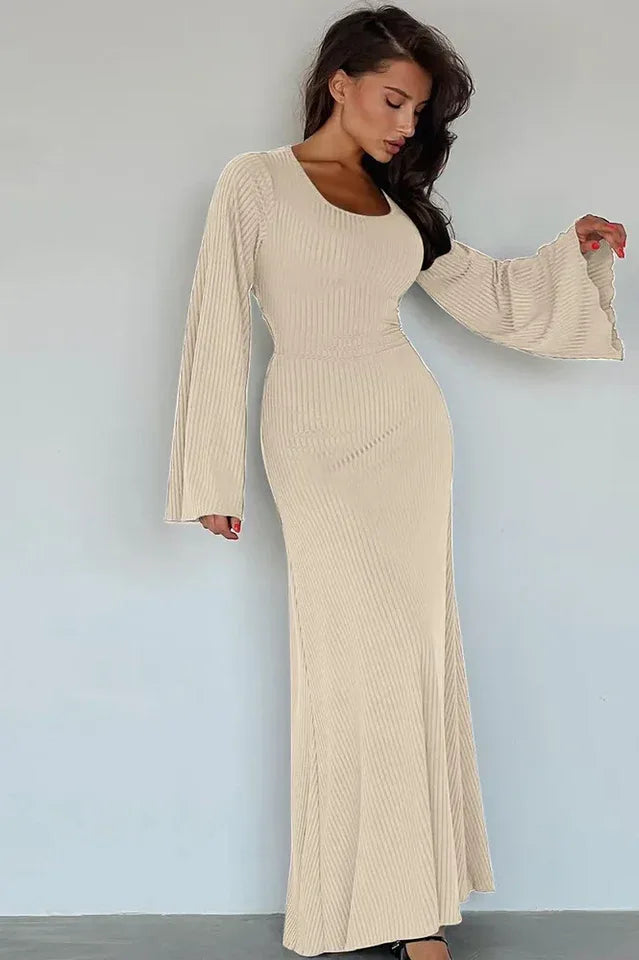 Long sleeve maxi dress with bell sleeves and lace-up back - View 17 | TEVQA