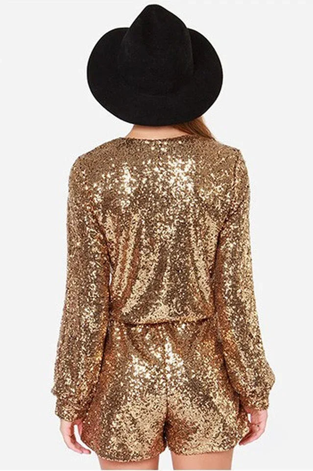 Deep V Sequin Shining Romper - TEVQA Secondary image