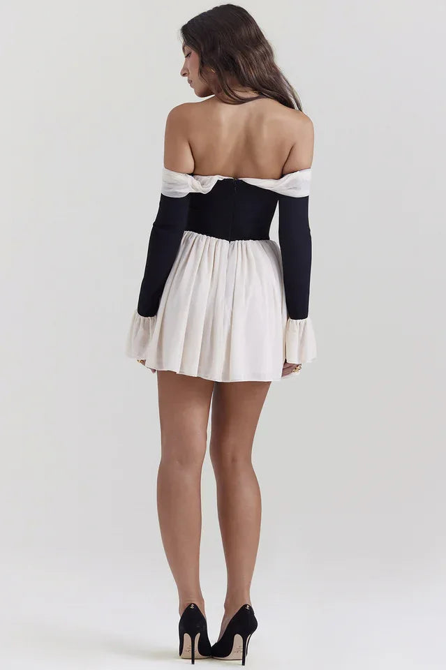 Alana Black & Cream Off Shoulder Dress - View 6 | TEVQA