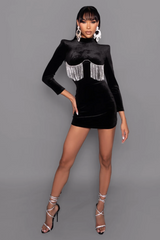 Black Crystal Fringe Velvet Mini Dress | Dress In Beauty