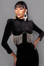 Black velvet mini dress with crystal fringe detail - View 6 | TEVQA