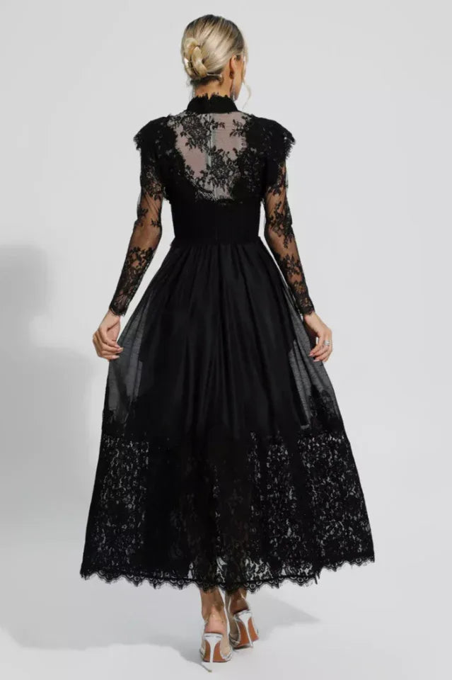 Jamie Black Floral Lace Stitching Dress - View 10 | TEVQA
