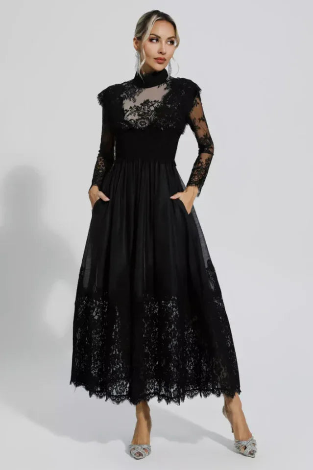 Jamie Black Floral Lace Stitching Dress - View 9 | TEVQA