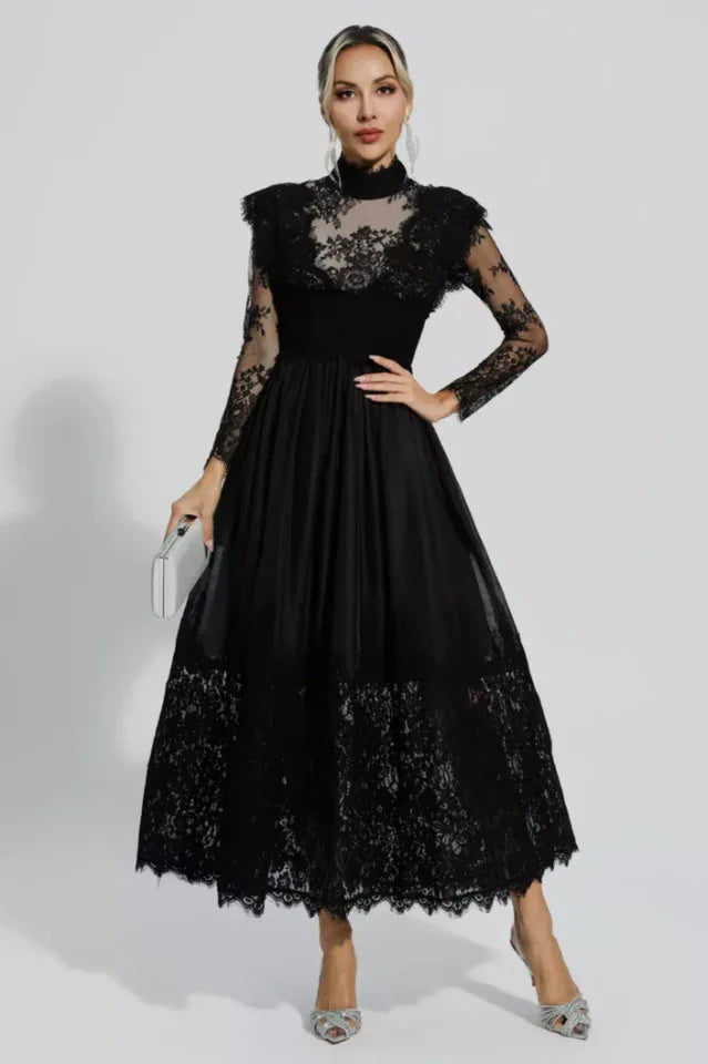 Jamie Black Floral Lace Stitching Dress - View 8 | TEVQA