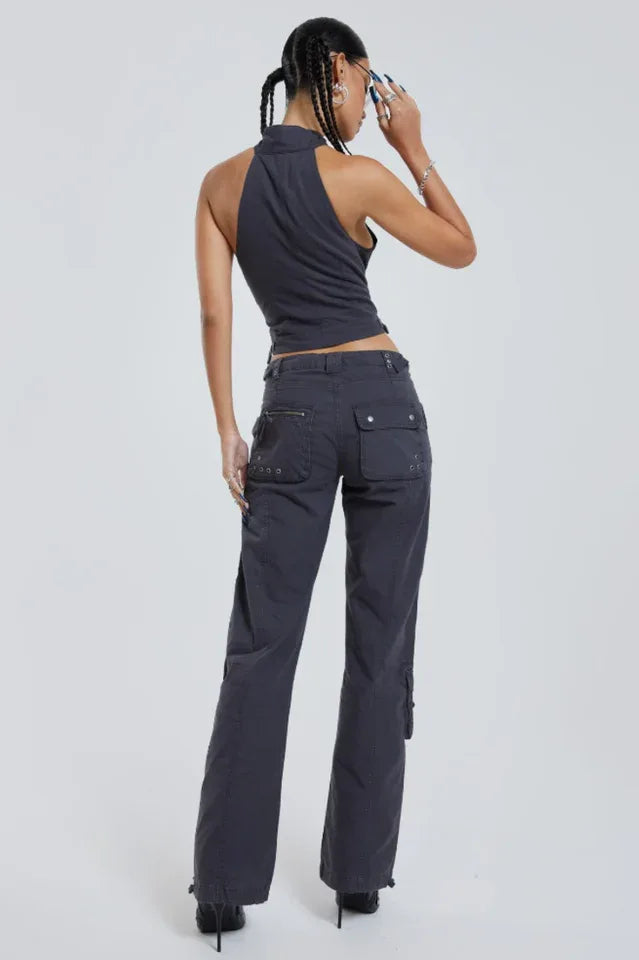 Vintage Grey Low Rise Cargo Pants - TEVQA Secondary image