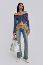 Tribeca Blue Ribbed Off The Shoulder Knit - TEVQA