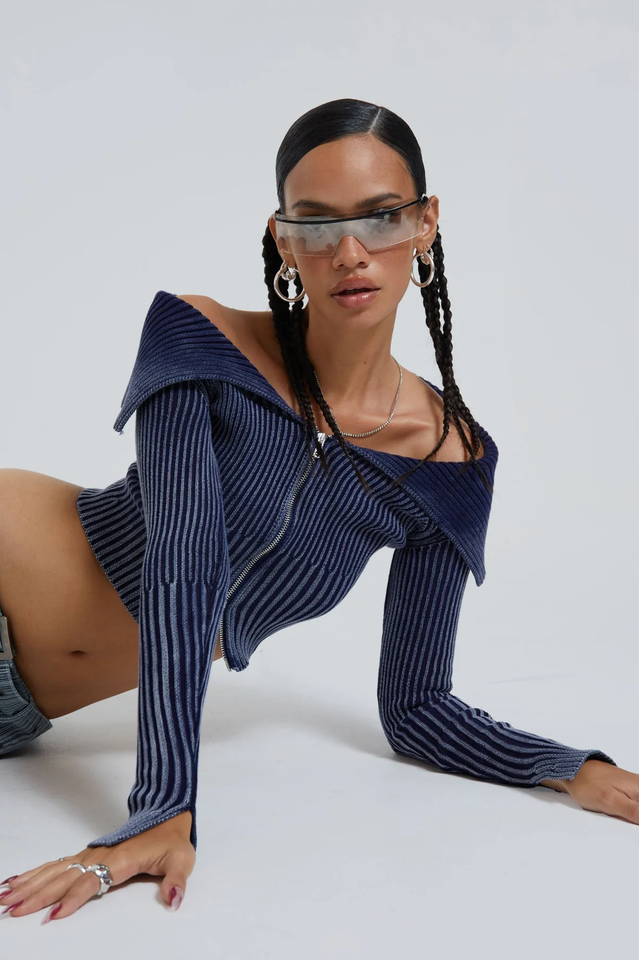 Tribeca Blue Ribbed Off The Shoulder Knit | Dress In Beauty