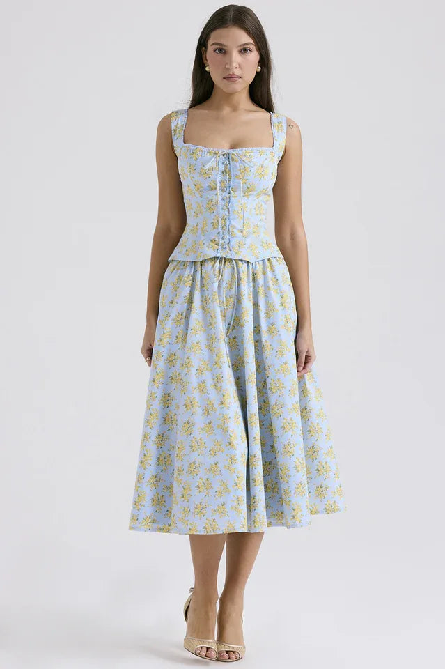 Vintage Floral Print Top + Skirt Set - TEVQA Main image