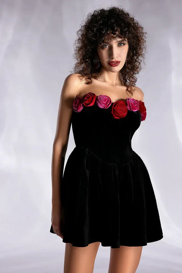 Velvet Floral Off Shoulder Mini Dress - View 6 | TEVQA