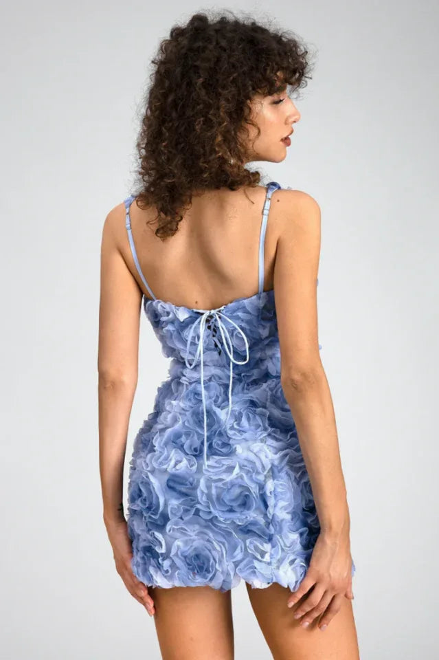 Woman in a light blue floral applique mini dress, back view