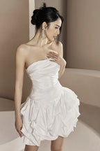 Strapless ruched satin mini dress with bubble hem - View 7 | TEVQA