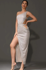 One Shoulder Sequins Cut Out Split Maxi Dress | Dress In Beauty
