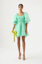 Model wearing a light green organza mini dress with voluminous puff sleeves, a ruched bodice, and strappy white heels, holding a lime green clutch.
