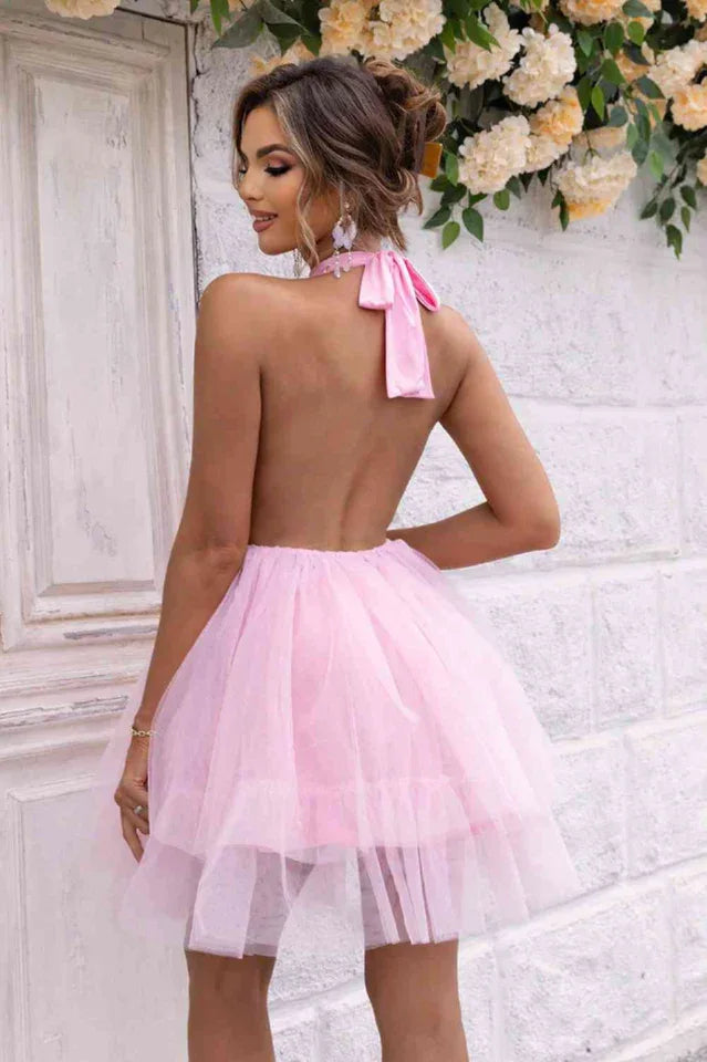 Halter Neck Tiered Tulle Party Dress - View 11 | TEVQA