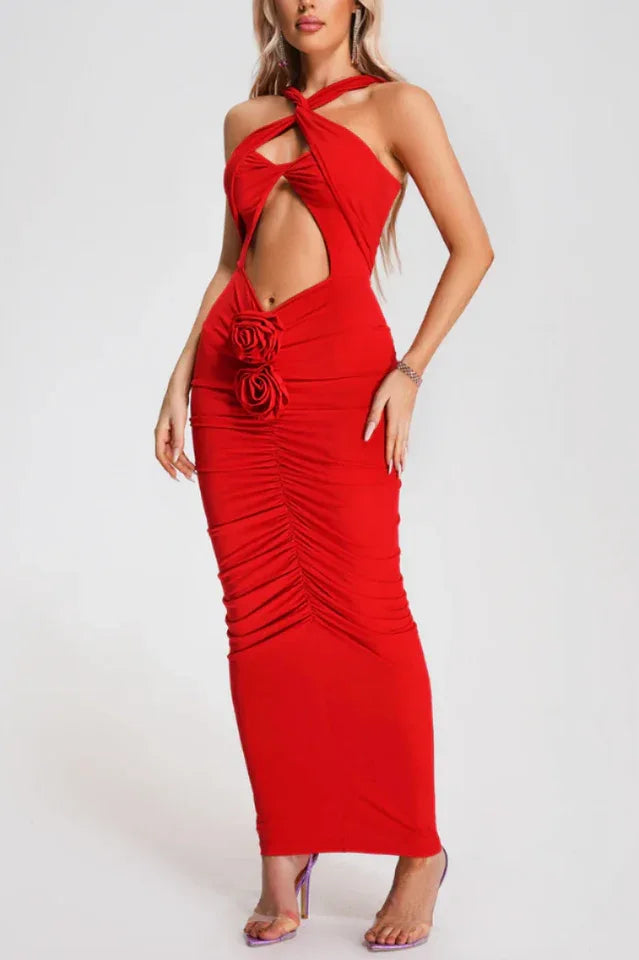 red ruched maxi dress with halter neckline and cutout