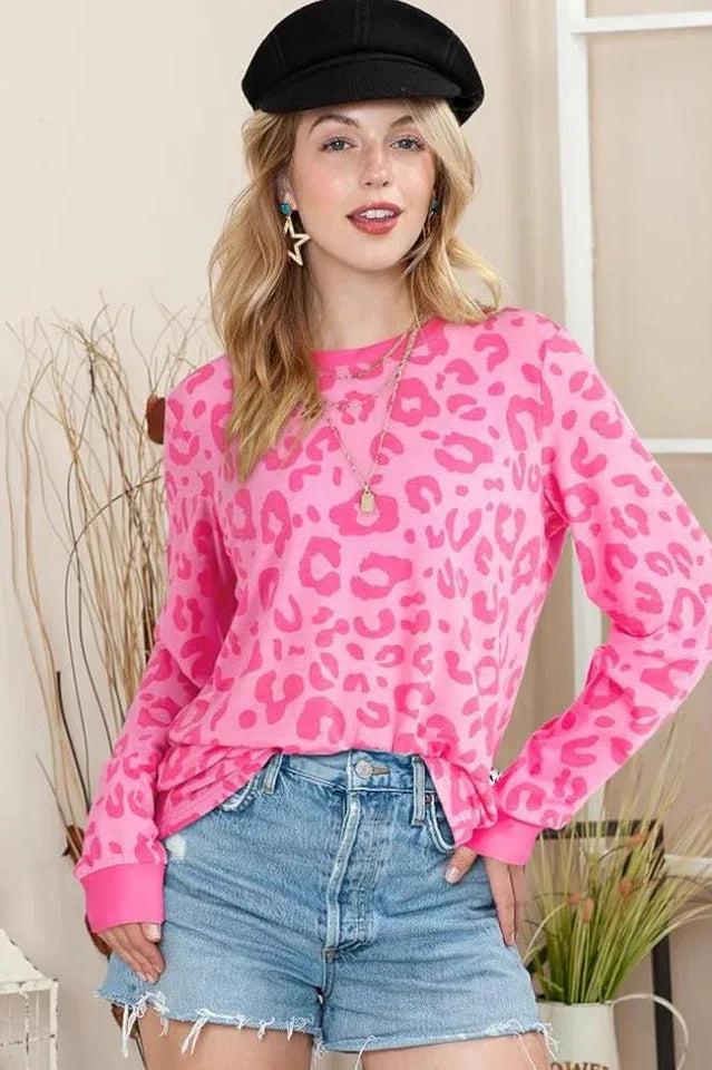Women’s Pink Leopard Print Long Sleeve Pullover Top - TEVQA Main image