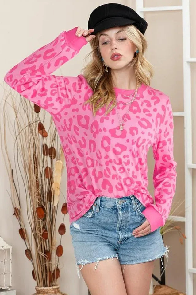 Women’s Pink Leopard Print Long Sleeve Pullover Top Secondary image