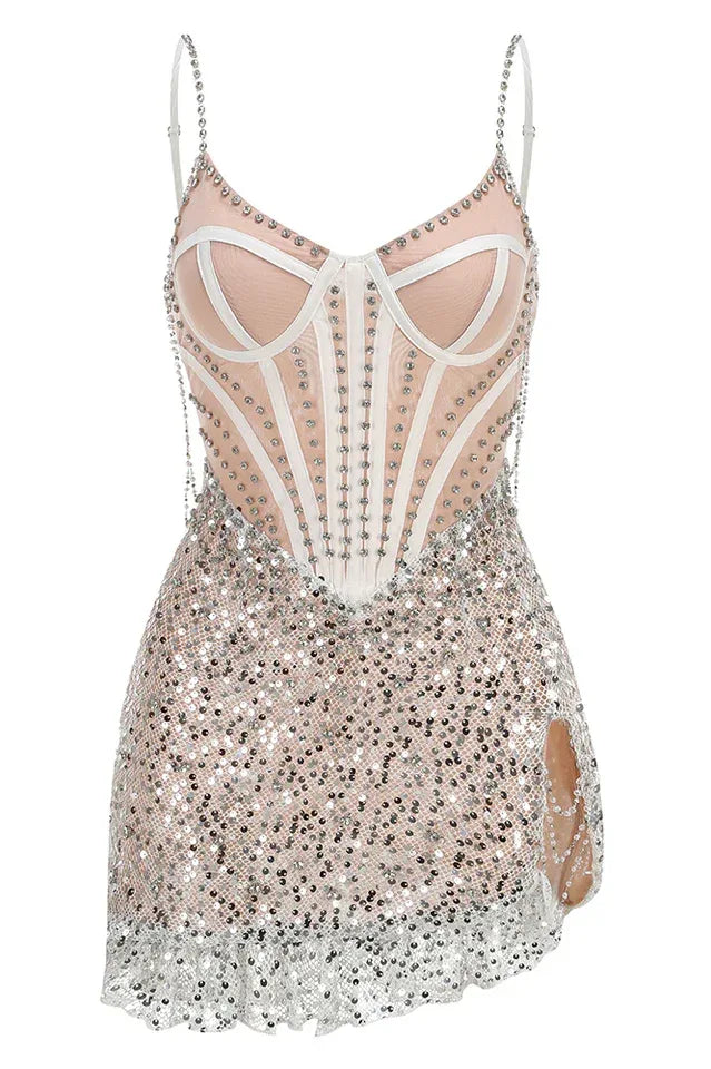 Sequin mini dress with sweetheart neckline and asymmetrical hem - View 8 | TEVQA