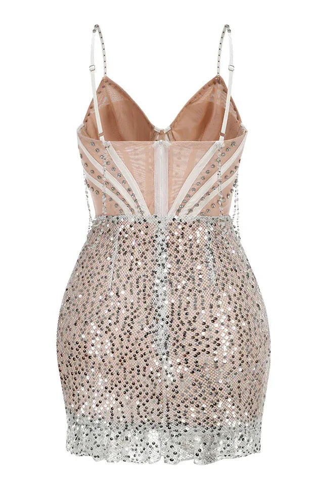 Sequin mini dress with sweetheart neckline and asymmetrical hem - View 9 | TEVQA