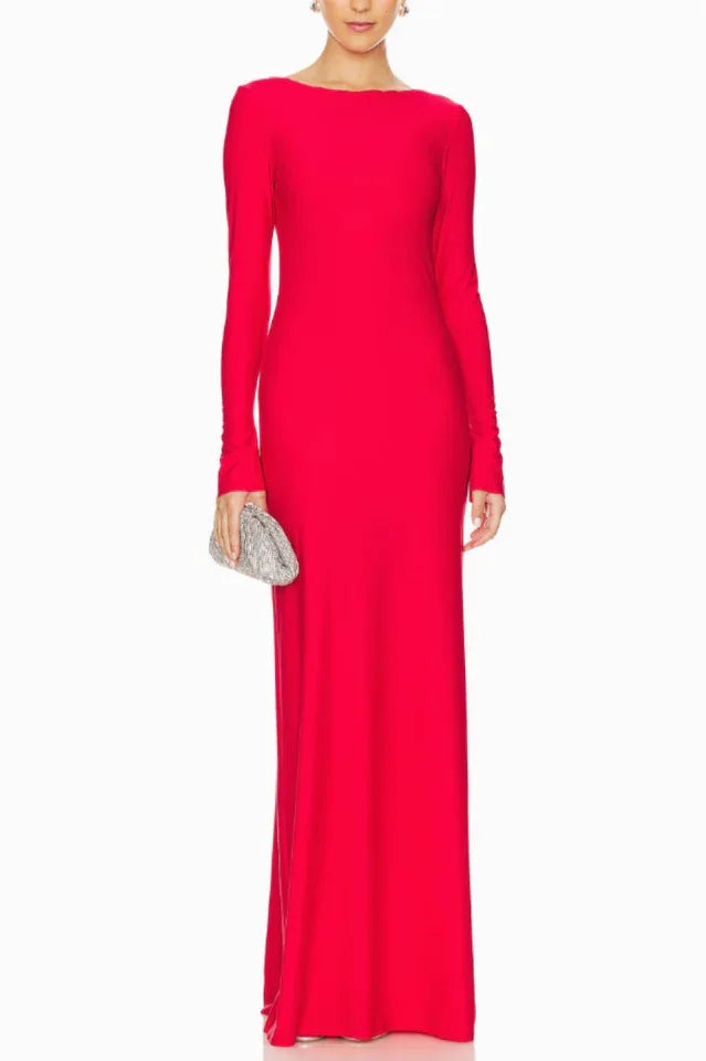 Front view of a red long sleeve sheath gown