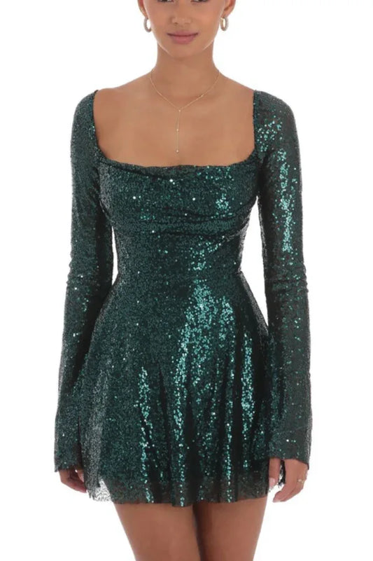Sequin Flare Dress in Rose Gold - TEVQA