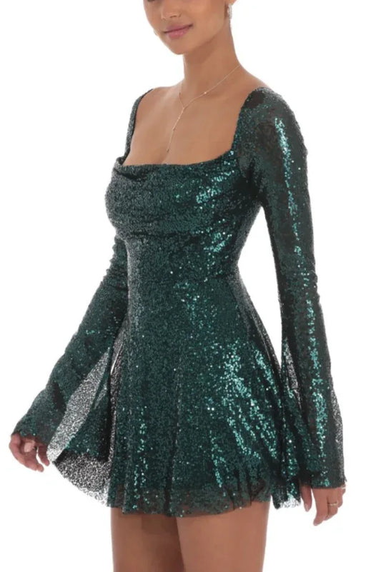 Sequin Flare Dress in Rose Gold - TEVQA