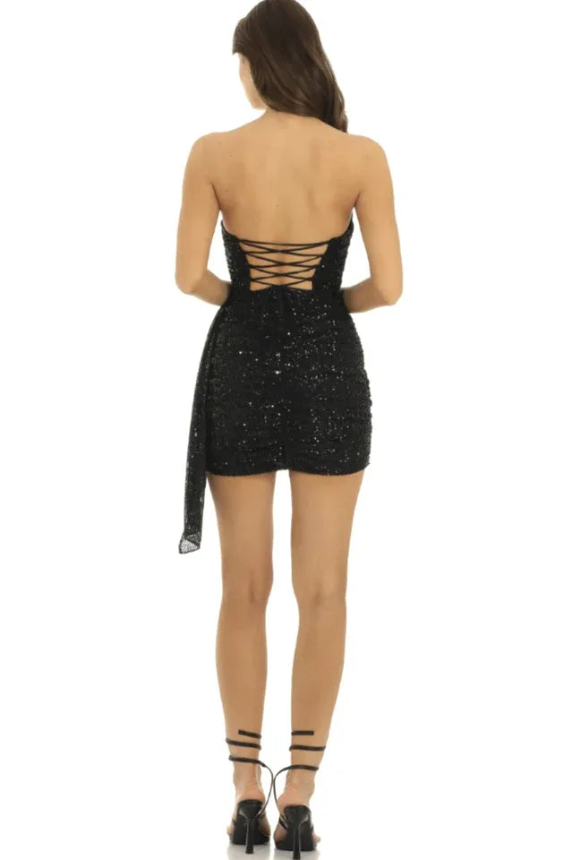 Strapless Sequin Tassel Corset Dress - TEVQA