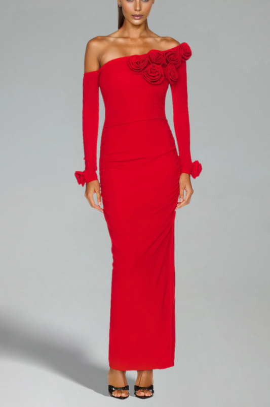 Slanted Shoulder Ruched Rose Flowers Dress | Dress In Beauty