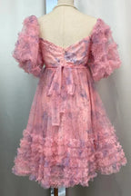 Floral print puff sleeve mini dress with sweetheart neckline and bow detail - View 6 | TEVQA